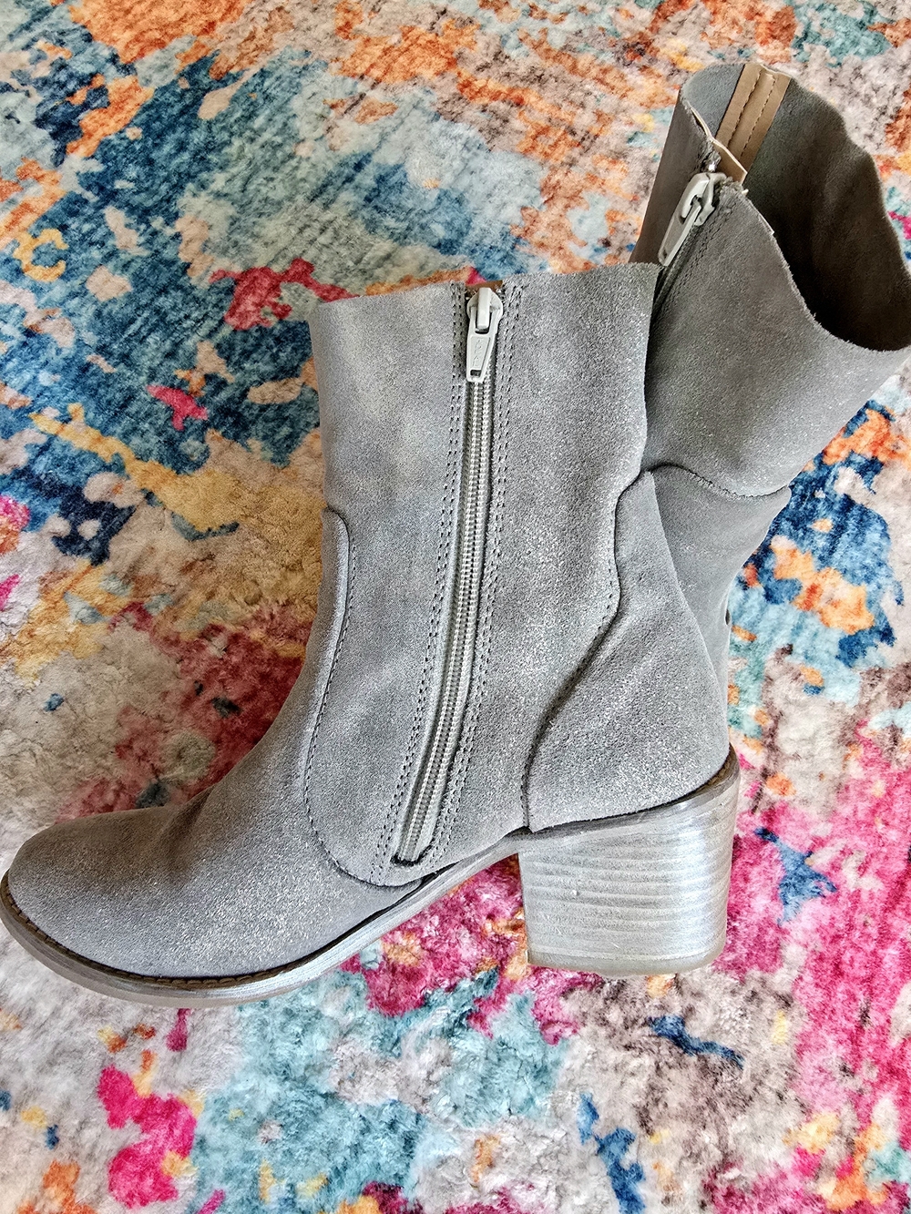 Gray Metallic Shimmer Leather Ankle Boots Block Heel Size 9